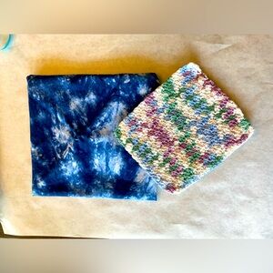 Handcrafted tie dye kitchen towel and crocheted dish cloth. Never used.